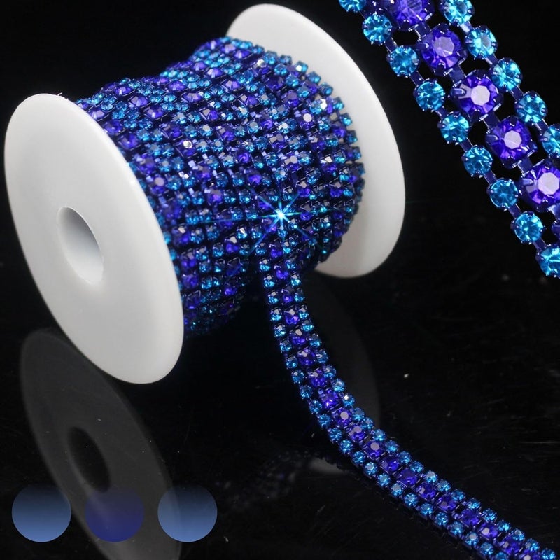 PEARLY JUN 3 Yards 3 Rows Capri Blue Rhinestone Chain Bling Crystal Trips Diamond Applique Silver Fringe Trim for Crafts Dress Applique Clothing Sewing Embellishments - Image 1